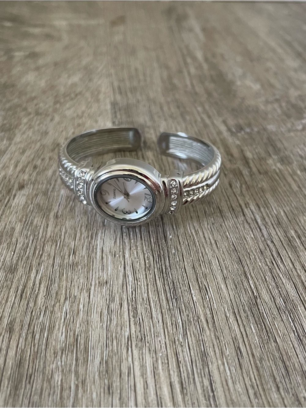Silver Tone Quartz Cuff Watch Rhinestone Accent Twisted Band Bracelet Style